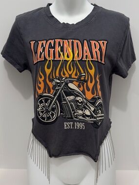 Ruby & Lace Legendary Motorcycle Graphic Tee Chain Fringe Handkerchief Hem LARGE